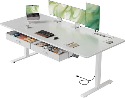 HLDIRECT Electric Standing Desk, Extra Large 71 x 31.5 Inches Height Adjustable Table with Outlets, Sit Stand Computer Desk with Drawers for Home Office, Ergonomic Rising Workstation, White