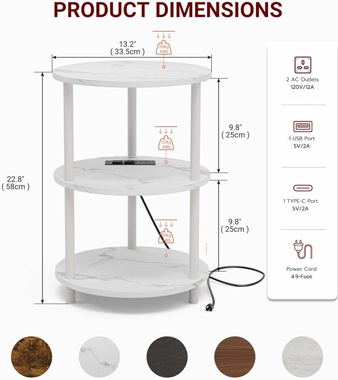 XBurmo Small Round End Table - 3 Tier Design Accent Table, Narrow Side or Bedside Stand, Industrial Vintage Table for Small Spaces, Built-in USB Ports and Power Outlet, Marble White