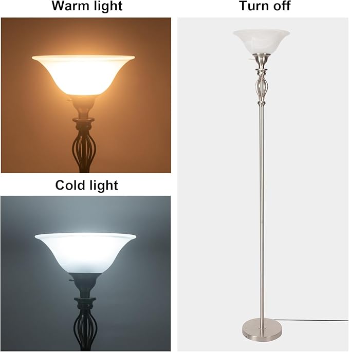HonoDing Torchiere Floor Lamps for Living Room & Bedroom – Stand Up Lamp with Corner Floor Lamp Design – Traditional Iron Scroll 70" Tall Alabaster Glass Bowl Shade (Brushed Nickel)