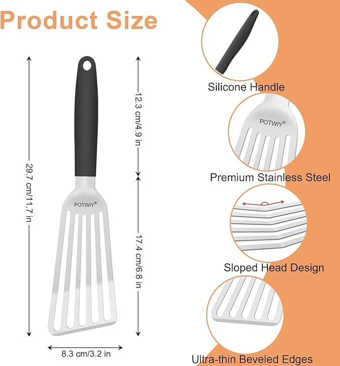 POTWIY Fish Spatula Stainless Steel, Slotted Turner with Silicone Handle and Curved Blade, Metal Spatula for Cast Iron Skillet, Kitchen Cooking Flipper for Fish, Egg and Burger, 11.7 Inch