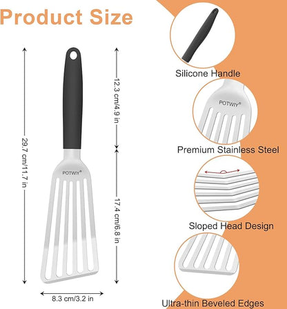 POTWIY Fish Spatula Stainless Steel, Slotted Turner with Silicone Handle and Curved Blade, Metal Spatula for Cast Iron Skillet, Kitchen Cooking Flipper for Fish, Egg and Burger, 11.7 Inch