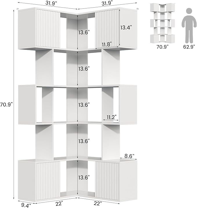 Semoic 71 inch Corner Bookshelf, 5 Tier Storage Bookcase, L-Shaped Cube Bookshelf, Wood Modern Book Shelf Organizer for Living Room/Home Office/Bedroom Display Unit, White