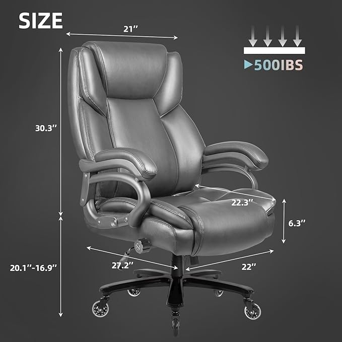 VITESSE 500lbs Heavy Duty Office Chair for Low Back Pain Relief, Big and Tall Office Chair with Ergonomic Lumbar Support, High Back Executive Chair with Quiet Rubber Wheel（Grey）