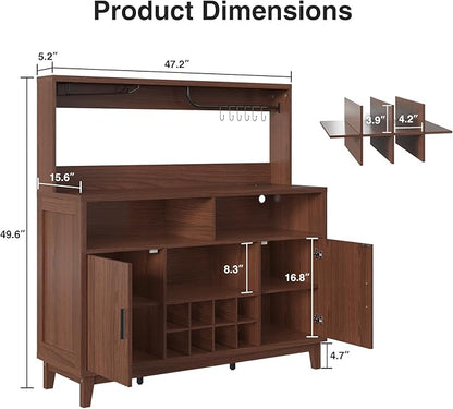 Fluted Buffet Cabinet with Storage, Modern Coffee Bar Cabinet with Outlet, Removable Wine Rack, Multi-Functional Accent Liquor Cabinet for Living Room, Entryway, Kitchen, Walnut