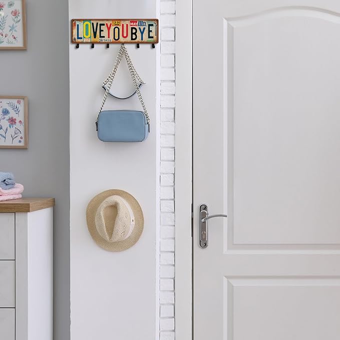 Valentines Key Holder Wall Mount Love You Bye Key Holder Hook Rack Organizer Hanger with 6 Hooks for Wall Express Love Art Sign Decor for Entryway Front Door(Vintage Style,11.8 x 4)