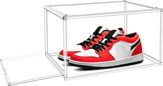 1 Pack Drop Front Acrylic Shoe Boxes with Magnetic Door Size 12, Clear Stackable Shoe Organizers Sneaker Display Cases for Closet, Entryway, Underbed, Multiple Display Cases for Caps, Figures