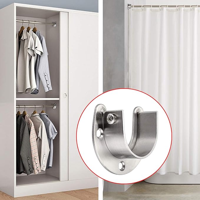 OwnMy 4 Packs Closet Rod End Supports Brackets 1-1/2" Diameter, U Shaped Stainless Steel Closet Pole Sockets Flange Rod Holder for Closet Wardrobe Shower Curtain (Silver Tone)