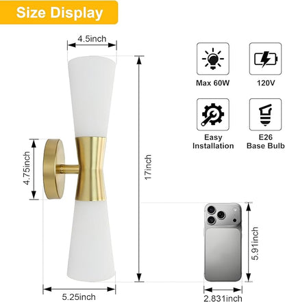 Wall Sconces Set of 2 for Bathroom, Modern Indoor Vanity Light Fixtures 17", Up Down Lighting, Wall Mount Lamp for Living Room Bedroom Hallway Stairway Fireplace Mirror E26 Base 2PC White&Gold