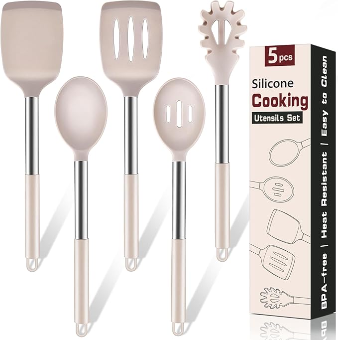 5Pcs Silicone Cooking Utensils Set, Heat Resistant Kitchen Tools Include Solid&Slotted Spatula, Cooking Spoon and Pasta Server, Silicone Kitchen Utensils set for Nonstick Cookware Flipping, Khaki