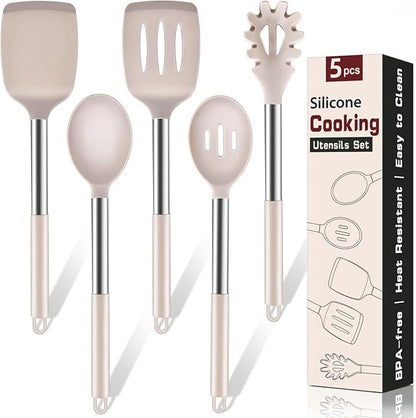 5Pcs Silicone Cooking Utensils Set, Heat Resistant Kitchen Tools Include Solid&Slotted Spatula, Cooking Spoon and Pasta Server, Silicone Kitchen Utensils set for Nonstick Cookware Flipping, Khaki