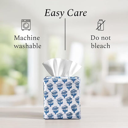 CPC Apatite Blue Hand Block Printed Cotton Tissue Box Cover 5" x 5" x 5.5" Square Soft Reusable Boho Napkin Holder for Home Kitchen Dining Bathroom Office Cafe Spa Summer Thanksgiving
