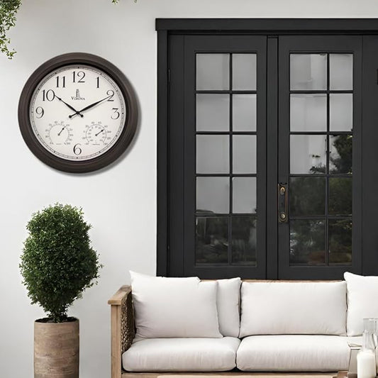 18 inch Outdoor Clocks for Patio Large Waterproof with Thermometer - Black Indoor Outdoor Clock with Temperature and Humidity for Wall - Weatherproof, Accurate & Easy to Read for Pool, Patio & Garden