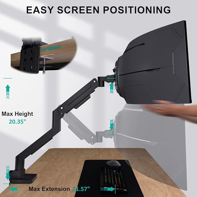 WALI Heavy Duty Single Monitor Arm for 13-49 inch 1000R Curved Screens, up to 44 Lbs, Adjustable Single Monitor Desk Mount with C-Clamp, Grommet Base, 75/100mm VESA Mount (GSM001XL), Black
