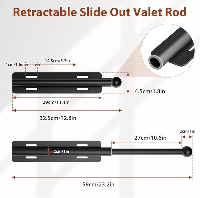 12-23 Inch Valet Rod for Closets Pull Out,Retractable Closet Valet Rod Slide Out,Heavy Duty Valet Rod for Closet Space, Laundry Room, RV, Wardrobes (Black)