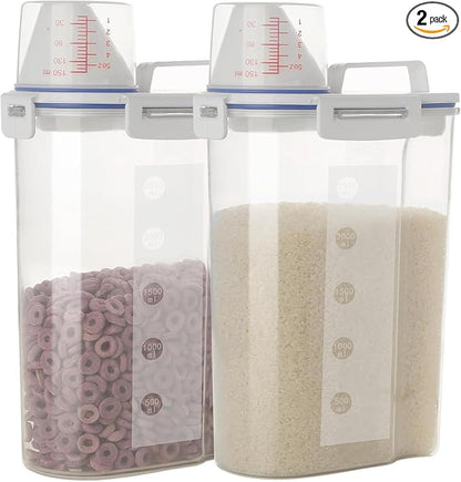 2 Pcs 5.5 LB Rice Storage Container, Airtight Cereal Flour Dispenser with Pouring Spout & Measuring Cup, Kitchen Plastic Clear Dry Food Storage Bin for Grain Oatmeal Snacks Pet Dog Food