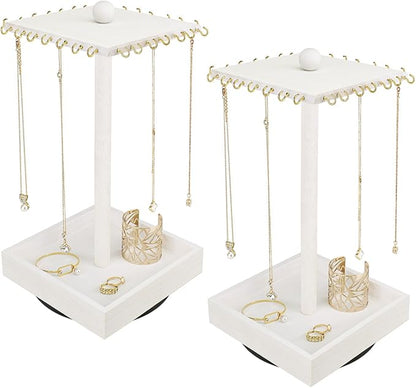 Ikee Design 2 Pcs Set Wooden Rotating Jewelry Display Stand Tower for Shows,Jewelry Organizer for Necklace and Bracelet, Rotating Necklace and Bracelet Holder Organizer,White Color