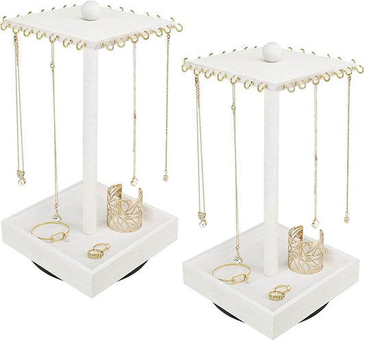 Ikee Design 2 Pcs Set Wooden Rotating Jewelry Display Stand Tower for Shows,Jewelry Organizer for Necklace and Bracelet, Rotating Necklace and Bracelet Holder Organizer,White Color