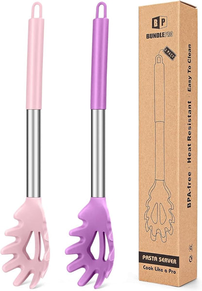 Pack of 2 Silicone Pasta Fork, Kitchen Heat Resistant Noodle Spoon Server, BPA Free Spaghetti Strainer, Best Cooking Tools (PINK-PURPLE)