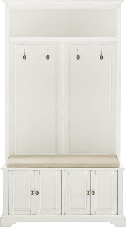 Crosley Furniture Holbrook Hall Tree with Shoe Rack Bench and Coat Hooks for Hanging Storage, Distressed White