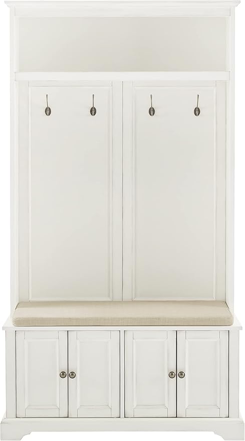 Crosley Furniture Holbrook Hall Tree with Shoe Rack Bench and Coat Hooks for Hanging Storage, Distressed White