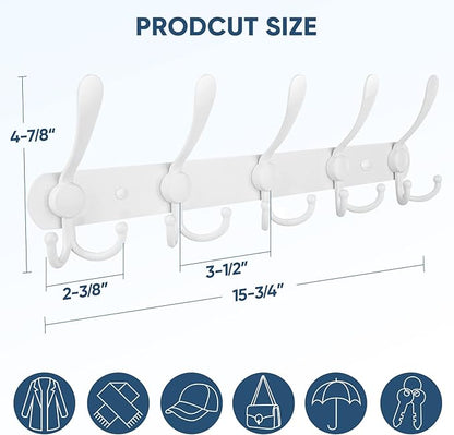 TICONN Wall Mounted Coat Rack, Five Heavy Duty Tri Hooks All Metal Construction for Jacket Coat Hat in Mudroom Entryway (White, 2-Pack)