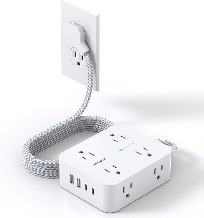 Flat Plug Extension Cord with Multiple Outlets, HANYCONY 1080J Surge Protector Power Strip with 8 AC Outlets 4 USB Ports (2 USB-C), 3-Sided Outlet Extender Ideal for Home Office Dorm Room Essentials