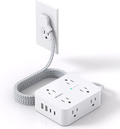 Flat Plug Extension Cord with Multiple Outlets, HANYCONY 1080J Surge Protector Power Strip with 8 AC Outlets 4 USB Ports (2 USB-C), 3-Sided Outlet Extender Ideal for Home Office Dorm Room Essentials