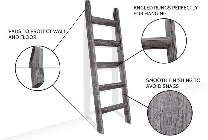 FUIN 5ft (58") Wood Blanket Ladder Living Room Decorative Wall Leaning Farmhouse Quilt Display Holder Rustic Wooden Towel Rack for Bathroom, Gray