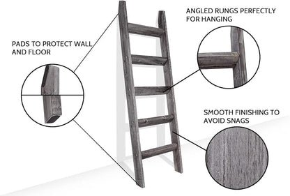 FUIN 5ft (58") Wood Blanket Ladder Living Room Decorative Wall Leaning Farmhouse Quilt Display Holder Rustic Wooden Towel Rack for Bathroom, Gray