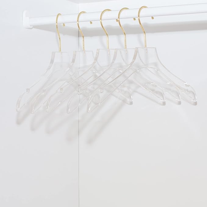 HomeCube USA Clear Acrylic Clothes Hanger with Gold Hooks – Heavy Duty Lucite Closet Organizer, Elegant & Sturdy for Shirts, Dresses, Coats, Suits & Boutique Use (20, Medium 15")