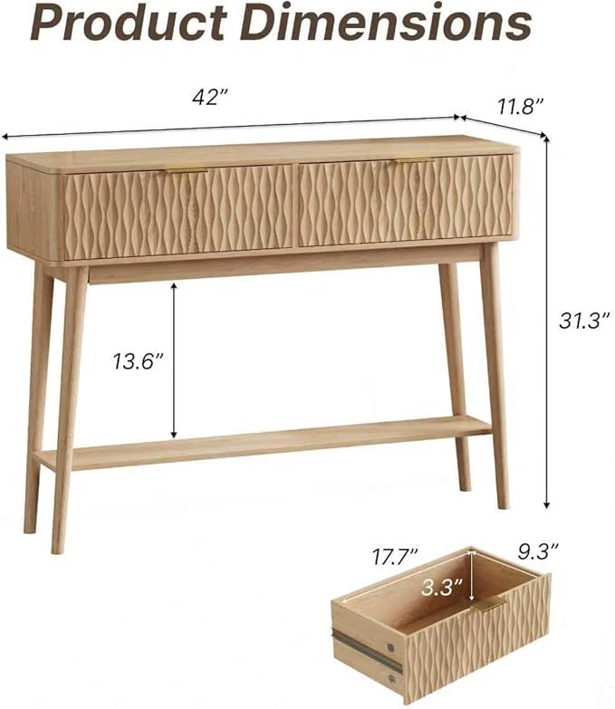 Console Table with Solid Wood Legs, Boho Modern Entryway Table with Storage Drawers, Fluted Narrow Sofa Table for Hallway,Living Room, Light Oak
