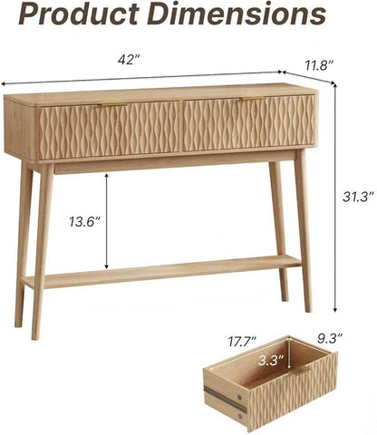 Console Table with Solid Wood Legs, Boho Modern Entryway Table with Storage Drawers, Fluted Narrow Sofa Table for Hallway,Living Room, Light Oak