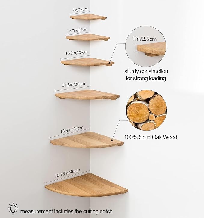 Conamily Corner Shelf,16inch Natural Oak Solid Wood Floating Corner Shelves Wall Mount Round End Floating Speaker Rack with Wire Hole for Small Plant for Bedroom Kitchen, Living Room