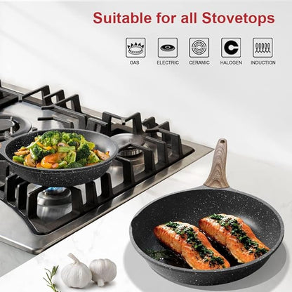 Caannasweis Nonstick Granite Frying Pan Skillet, Non Stick Omelette Fry Pans, Omelet Egg Pan, Stone Cookware Chef's Pan, Induction Compatible, PFOA Free (Gray, 11 Inch with Lid)