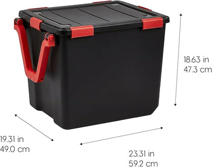 IRIS USA 3-Pack WeatherPro Gasket Box, 106 Quart Weather Resistant Storage Bins with Latching Lids, Heavy Duty Organizing Containers for Closet, Bathroom, and Office - Black/Red