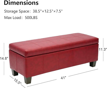 41" Storage Ottoman, Storage Bench with Safety Hinge, Upholstered Synthetic Leather Ottoman Bench for Bedroom, Living Room, Entryway, Hallway, Foot Rest, Support 500lbs