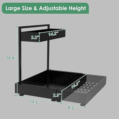 REALINN Expandable Under Sink Organizers and Storage, 2 Tier Under Cabinet Organizer, Heights Adjustable Pull Out Rack for Kitchen Bathroom Laundry, Black, 1 Pack
