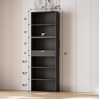 7-Tier Bookshelf with Storage, 72" Tall Bookcase with Drawer, Display Book Shelf Book Organizer with Anti-tip Device, Home Decor Wood Furniture for Office, Bedroom, Living Room, Black