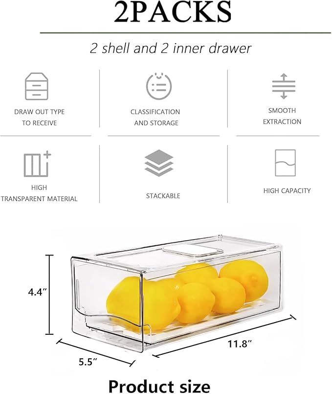 2 Pack Fruit Storage Containers for Fridge, Stackable Refrigerator Organizers and Storage,Reusable Storage ContainersClear Fridge Drawer for Produce,Vegetable in Home Kitchen, Restaurant,BPA-Free