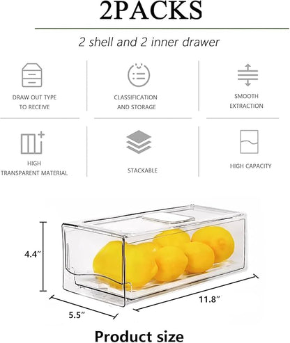2 Pack Fruit Storage Containers for Fridge, Stackable Refrigerator Organizers and Storage,Reusable Storage ContainersClear Fridge Drawer for Produce,Vegetable in Home Kitchen, Restaurant,BPA-Free