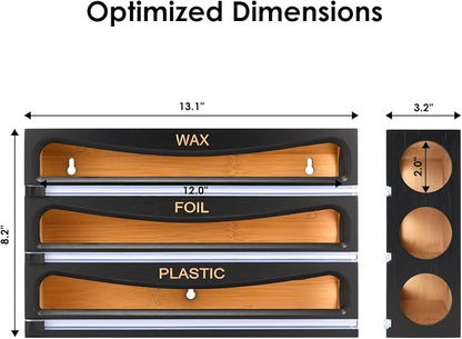 Bamboo Wrap Dispenser with Cutter, Plastic Wrap Organizer, Aluminum Foil Organization, and Wax Paper Dispenser Holder for Kitchen Drawer and Wall, Compatible with 12" Roll (01 Black)