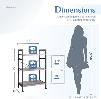 DUMOS 3 Tiers Bookshelf, Classical Book Shelf, Tall Display Shelves in Living Room/Home/Office, Storage Organizer for CDs/Books/Movies, Wood Grey