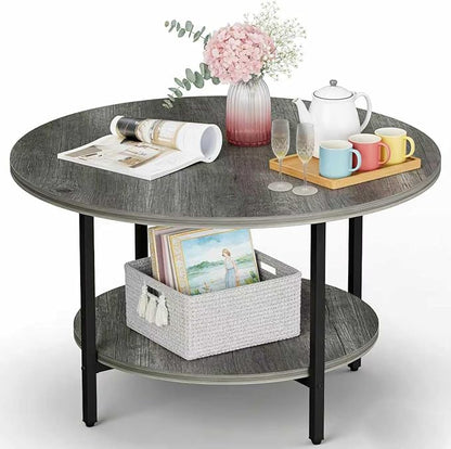 Coffee Table, 27.6“ Circle Coffee Tables for Living Room, 2 Tier Round Coffee Table with Storage, Wood Accent Center Floor Table for Bedroom, Industrial Home Office, Elegant Gray
