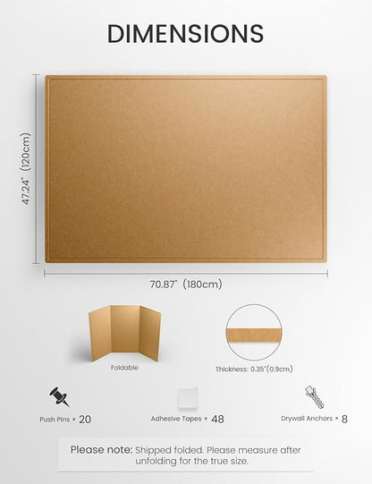 Fluxynara Large Bulletin Board, 70.8" x 47.2"Cork Board Alternative with 48 Safe Removable Adhesive Tabs, Foldable Felt Pin Board for Home Office, Classroom, Bedroom,Entryway for Walls— Mustard Yellow