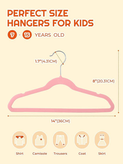 HOUSE DAY 14 Inch Kids Velvet Hangers 50 Pack, Durable Big Kids Hangers, Non Slip Kid Felt Hanger for Youth, Cute Childrens Hanger for Closet, Pink