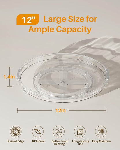 LAMU 2 Pack 11.8 Inch Lazy Susan Organizer Turntable for Cabinet, with High Edges to Prevent Falling, Large Clear Lazy Susan for Kitchen, Pantry, Refrigerator, Countertop, Table, Bathroom