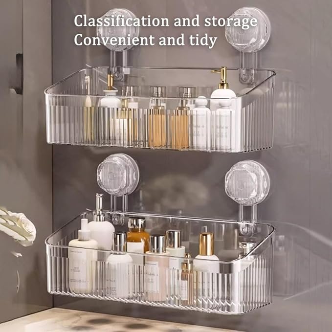No-Drill Bathroom Storage Suction Cup Storage Box, Removable, Freely Adjustable Vacuum Suction Cup Storage Box, Large Capacity & Strong Load-Bearing, Hanging Shower Organizer (Transparent Gray)