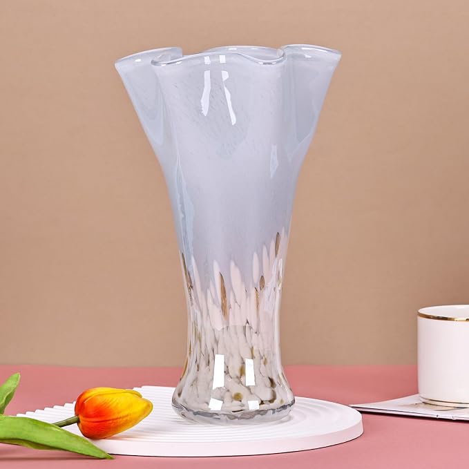 9.0"H Blue Glass Vases for Flowers, Unique Hand Blown Glass Vase Blue White Home Decor, Wide Mouth Colorful Flower Vase Centerpieces, For Living Room Table Bookshelf, Bathroom Office Shelf Decorative