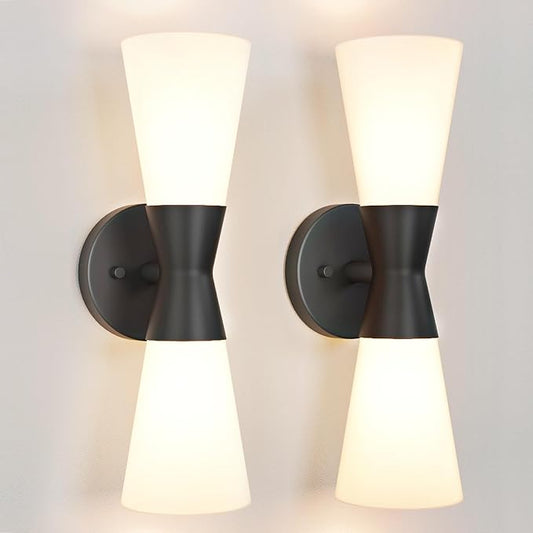 Wall Sconces Set of 2 for Bathroom, Modern Indoor Vanity Light Fixtures 15", Up Down Lighting, Wall Mount Lamp for Living Room Bedroom Hallway Stairway Fireplace Mirror E26 Base 2PC White&Black