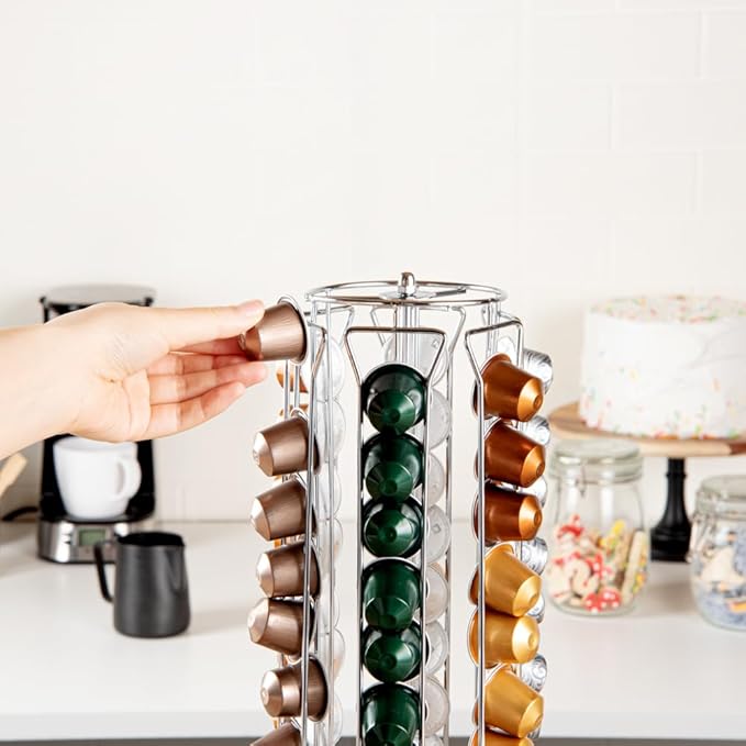 Restaurantware Restpresso 5.1 x 16.3 Inch Coffee Capsule Holder 1 Durable Pod Carousel - Holds 60 Nespresso Capsules 360-Degree Rotatable Iron Espresso Pod Organizer Pods Not Included